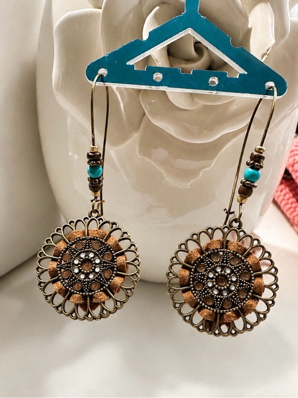 Boho Filigree Sunburst Drop Earrings in Copper and Turquoise